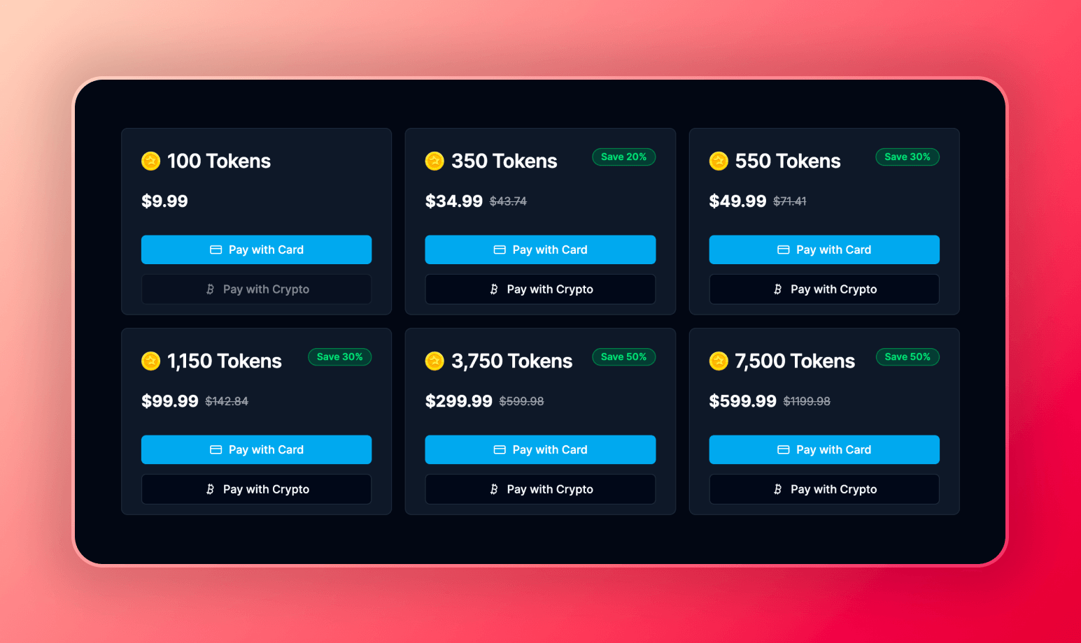 Screenshot of the available token bundles that you can purchase inside Darlink AI