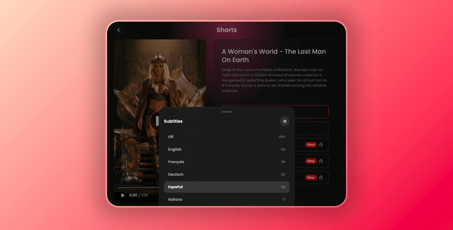 Candy Shorts subtitle settings showing multiple language options