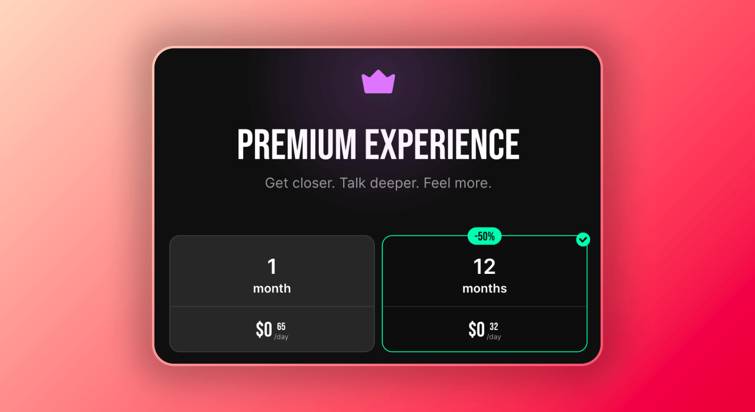 Screenshot of pricing options for LoveScape premium experience