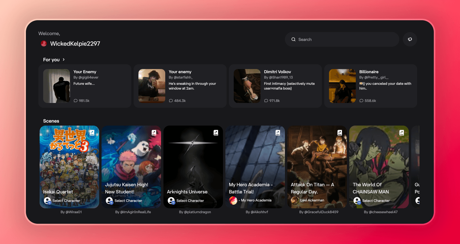 character.ai explore page
