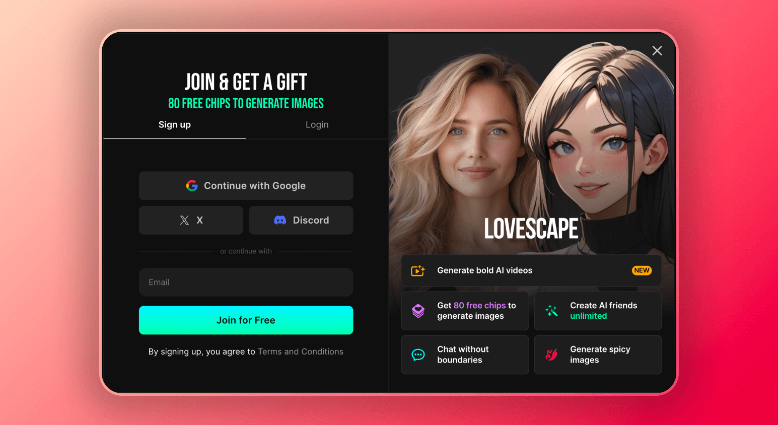 Screenshot of a sign up form in LoveScape.