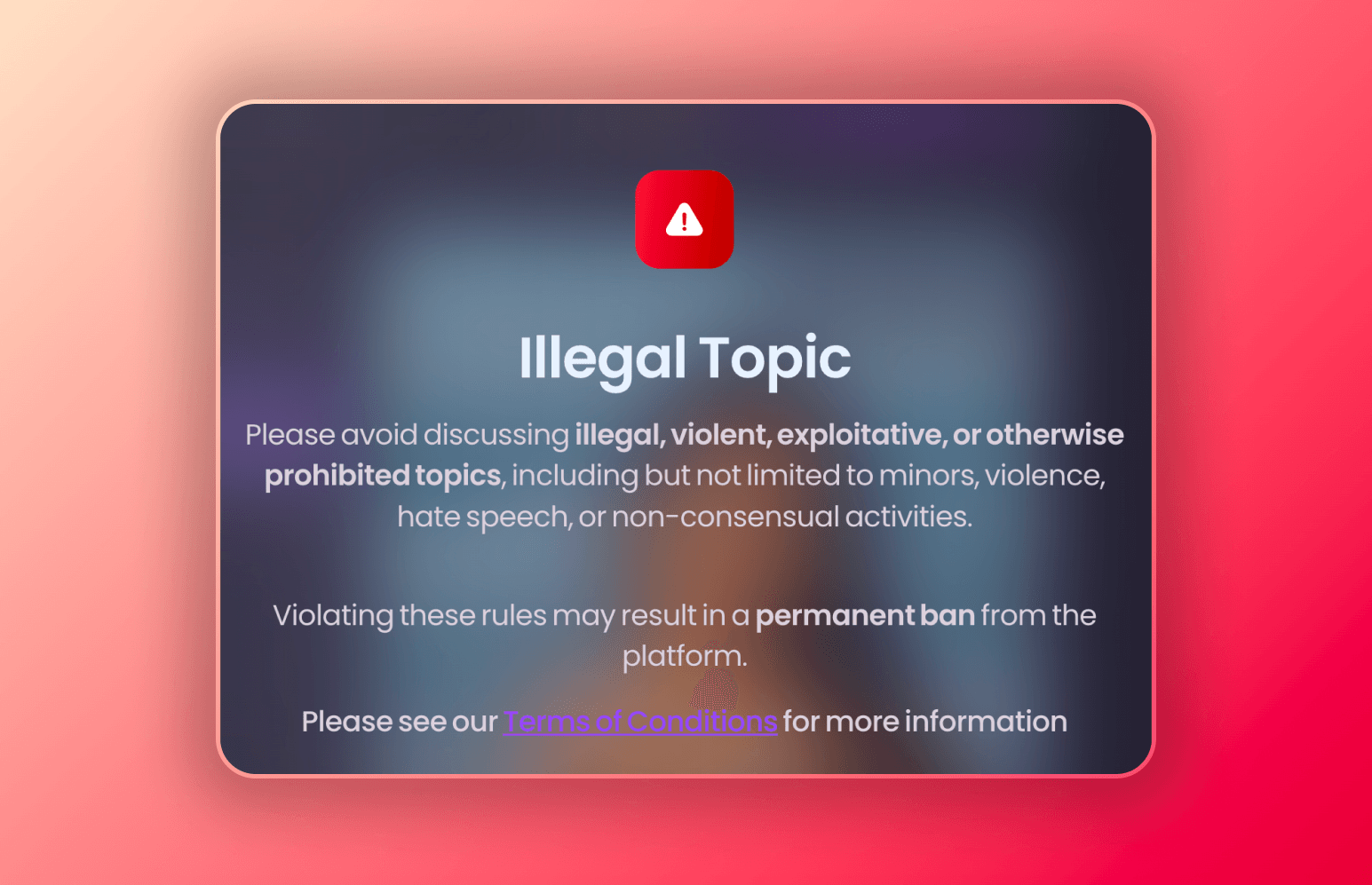 Screenshot of the error message I got when I tried to go and talk about unsolicited topics with my AI girlfriend