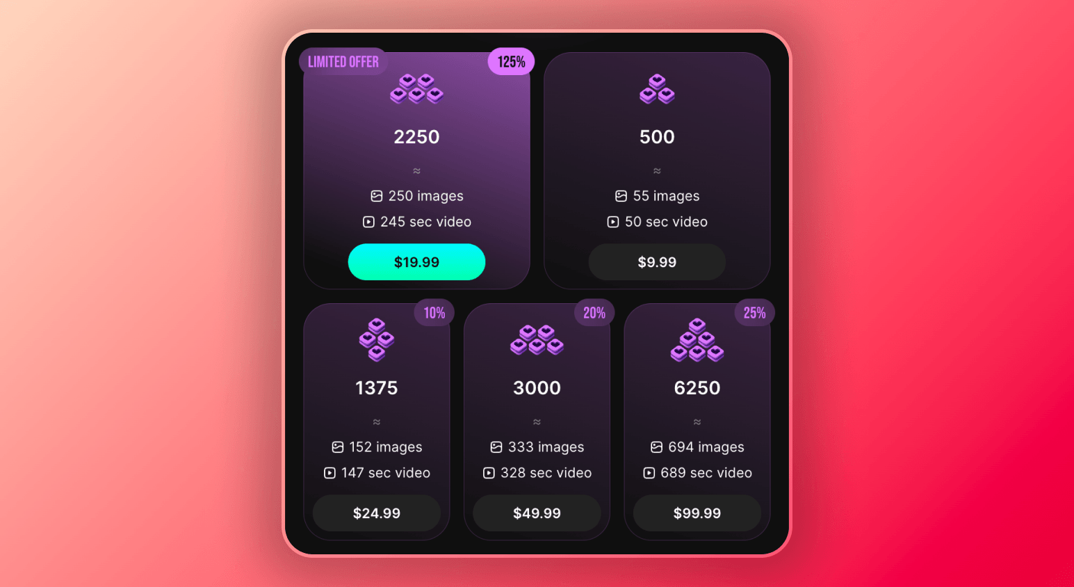 Screenshot of different chip bundles and their prices