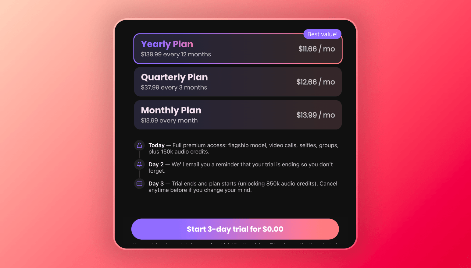 Screenshot of the available pricing plans in Kindroid