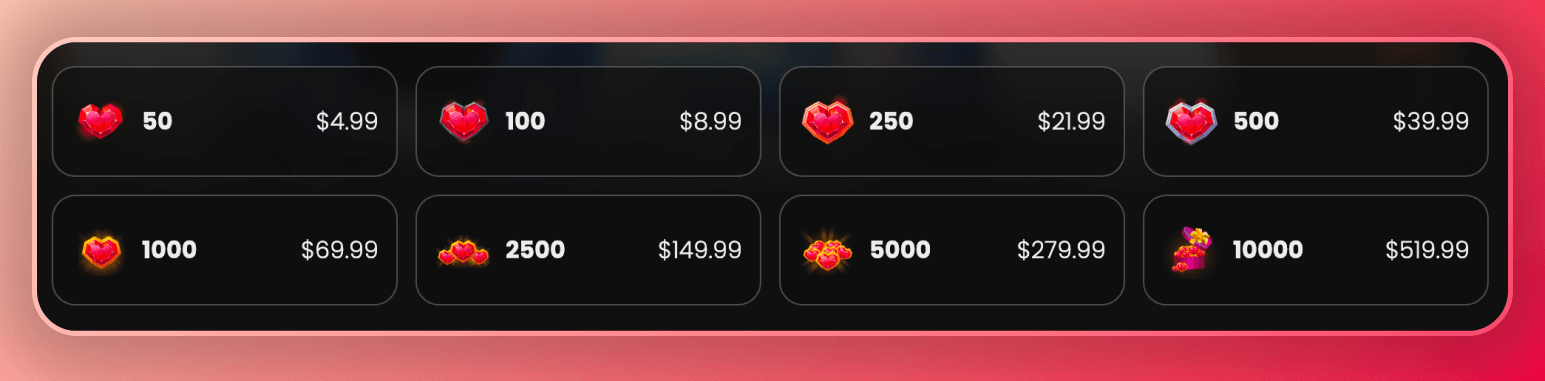 Screenshot of the available prices for the heart bundles in Secret Desires AI