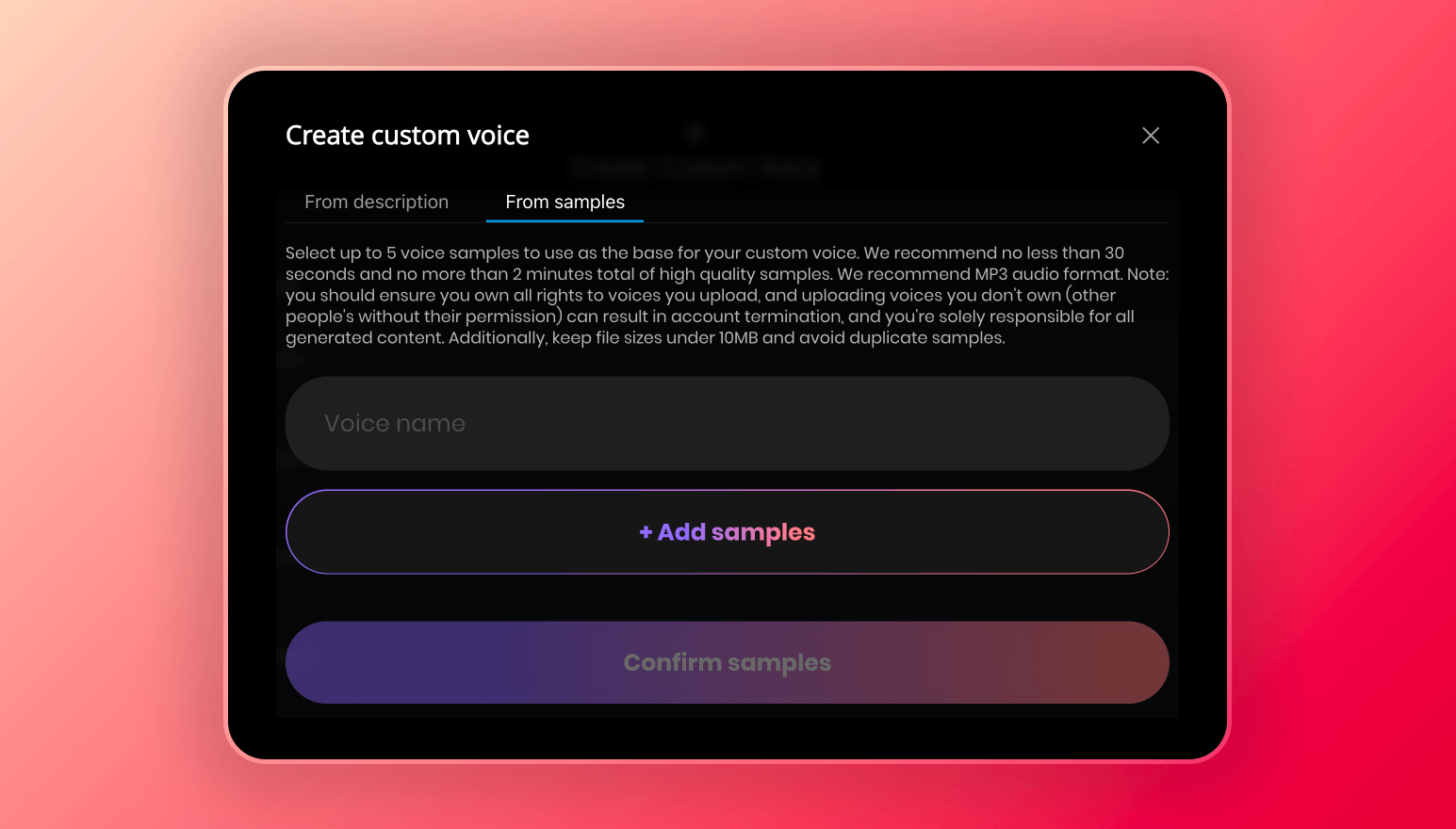 Screenshot of the interface for creating custom voices in Kindroid.