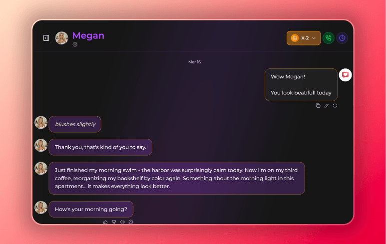 Screenshot of Secrets AI chat interface while chatting with Megan