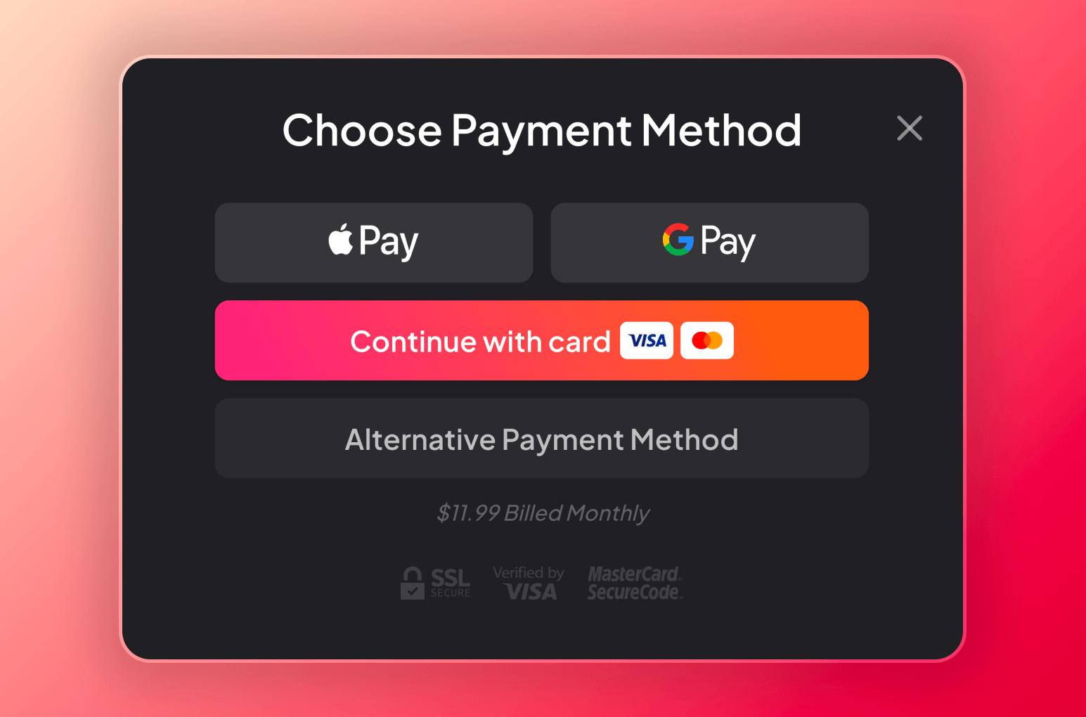 Screenshot of the available payment methods inside My Dream Companion