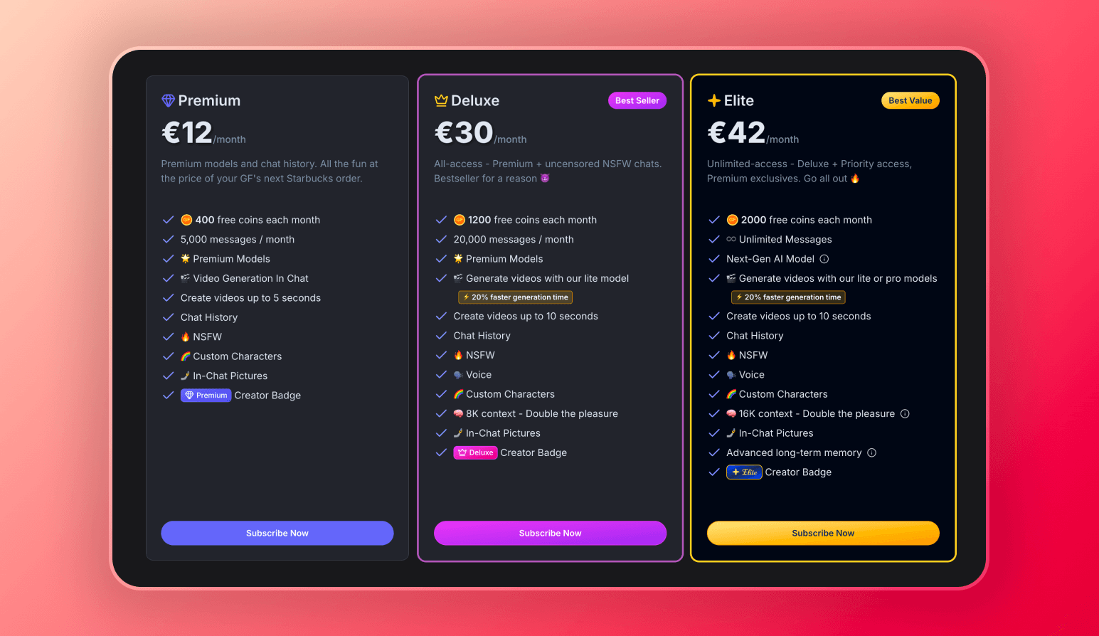 Screenshot of the available monthly subscription plans for girlfriend GPT