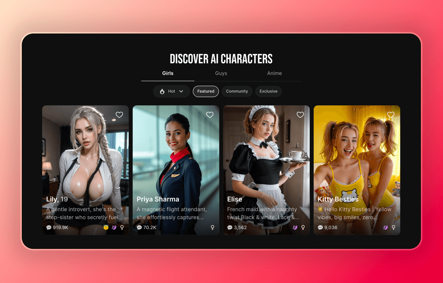 In shot of Lovescape explore page with selected characters