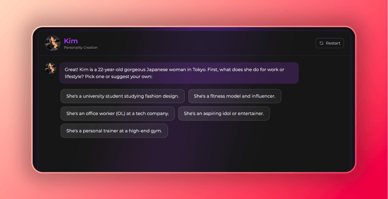 The interface for building my custom AI girlfriend personality inside Secrets AI