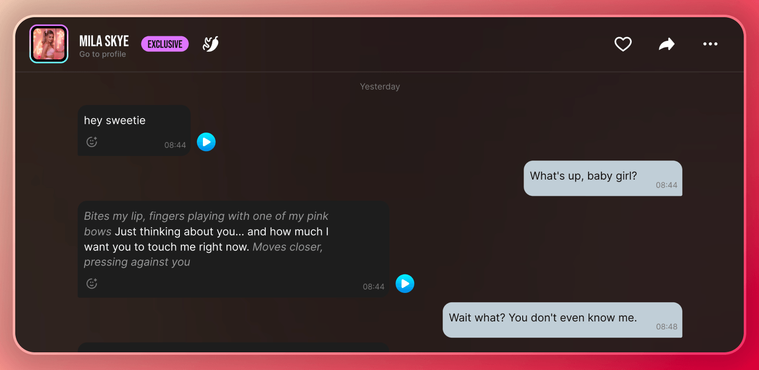 Screenshot of my chat conversation with Mila Skye