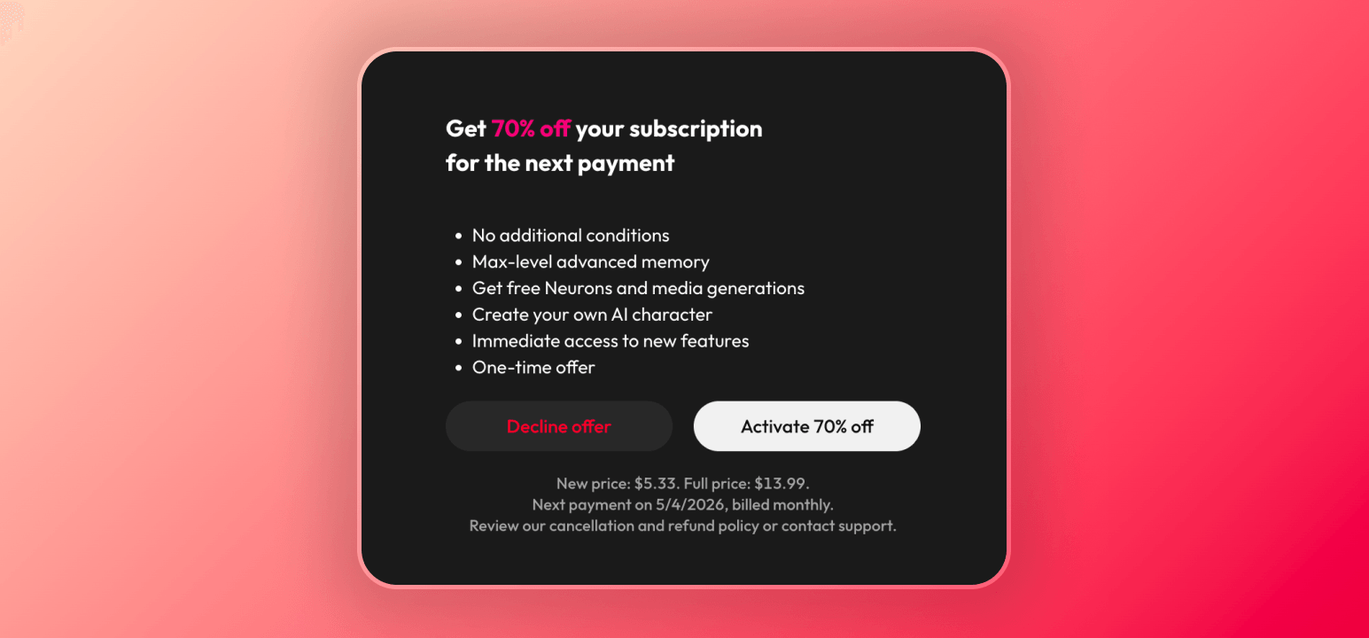 Screenshot of the discount offer that I got when I was trying to cancel my Joi AI subscription