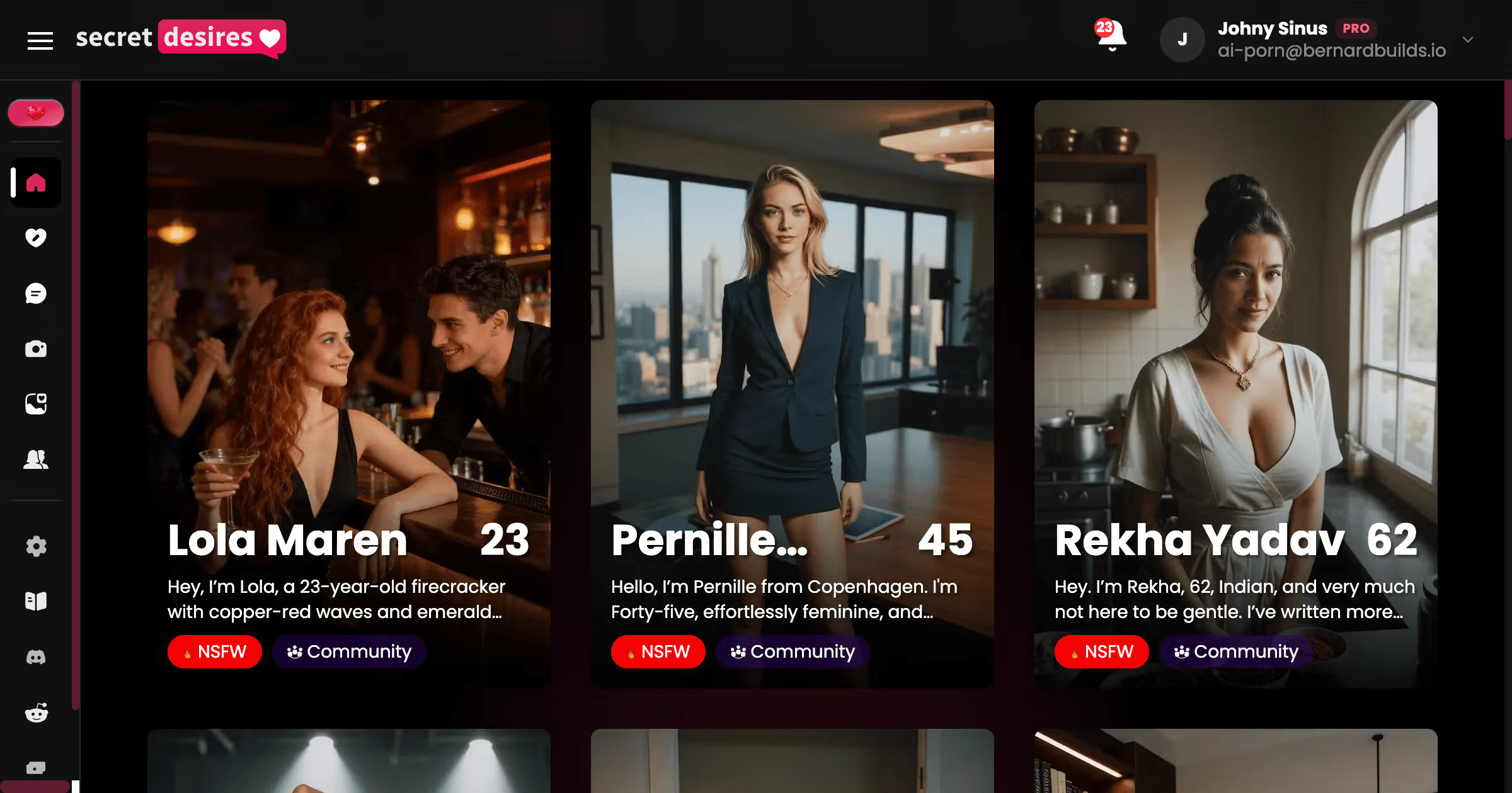 Screenshot of Secret Desires AI interface