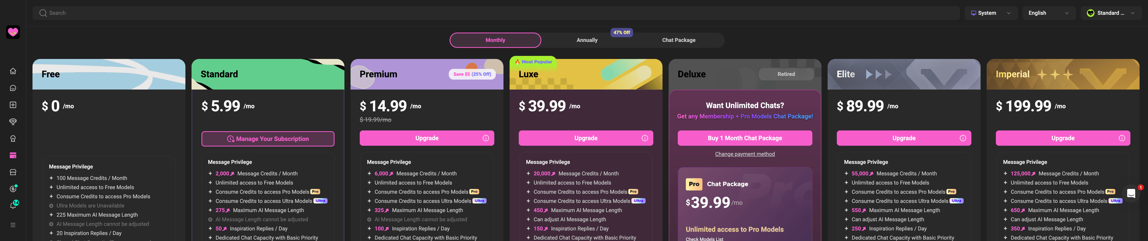 Screenshot of all the available paid plans in CrushOn AI