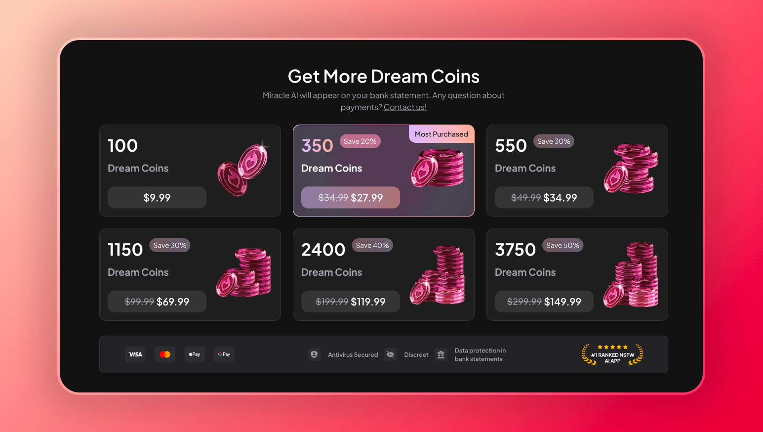 Screenshot of the available Dream Coin bundles