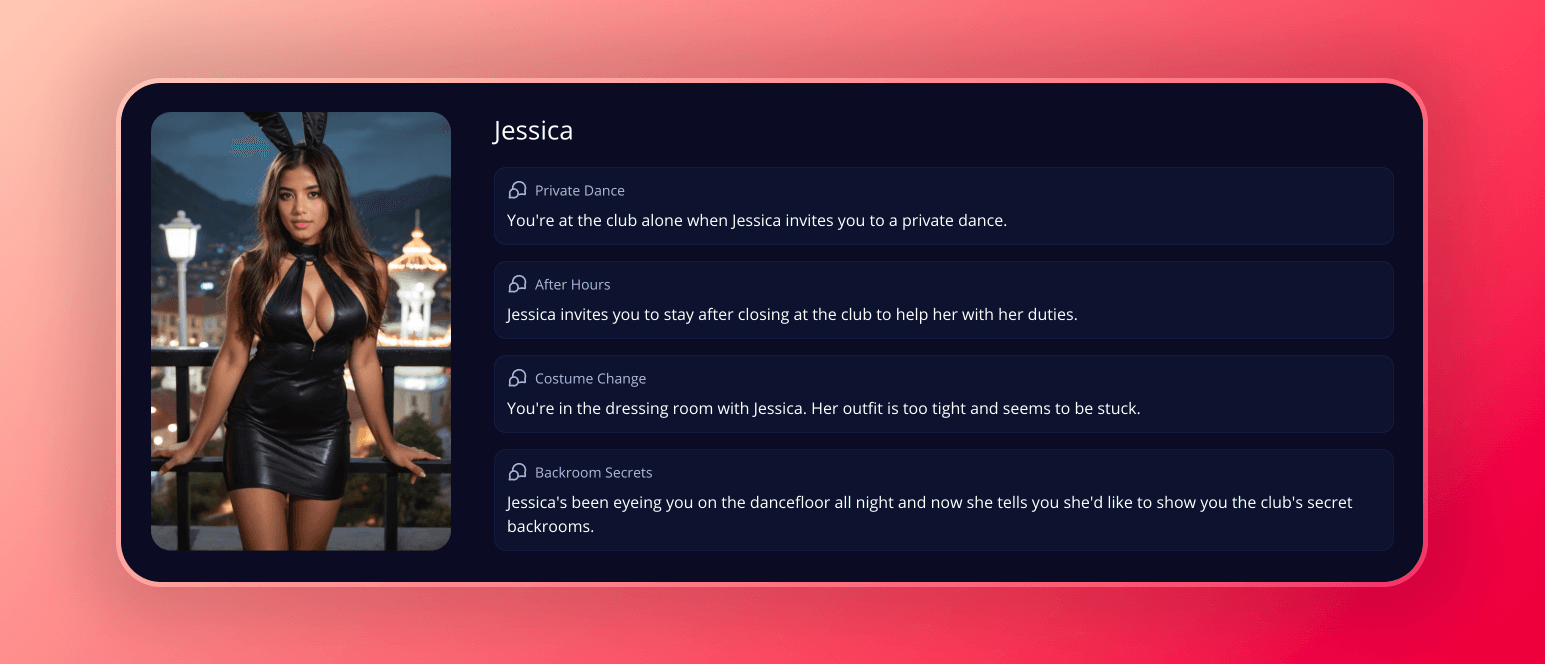 Screenshot of the available chat scenarios I could pick when chatting with Jessica in HeraHaven