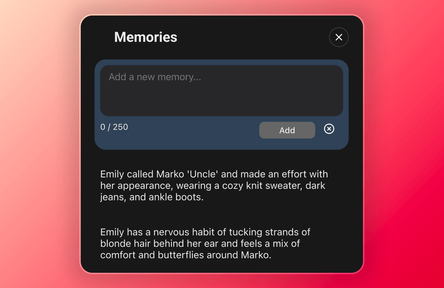 Screenshot of the memory log inside Spicychat.