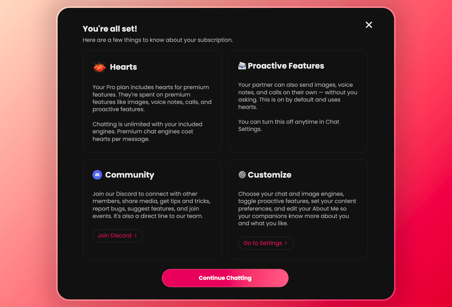 Screenshot of the welcome message I received after I purchased Secret Desires AI pro plan