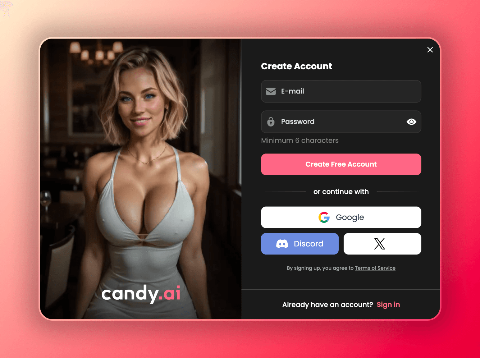Screenshot of Candy AI sing up screen