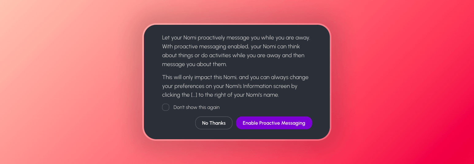 Screenshot of the proactive messaging feature inside Nomi