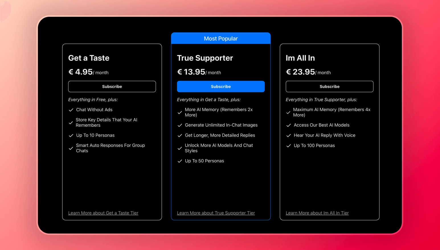 Screenshot of the available paid subscription plans for Spicychat.
