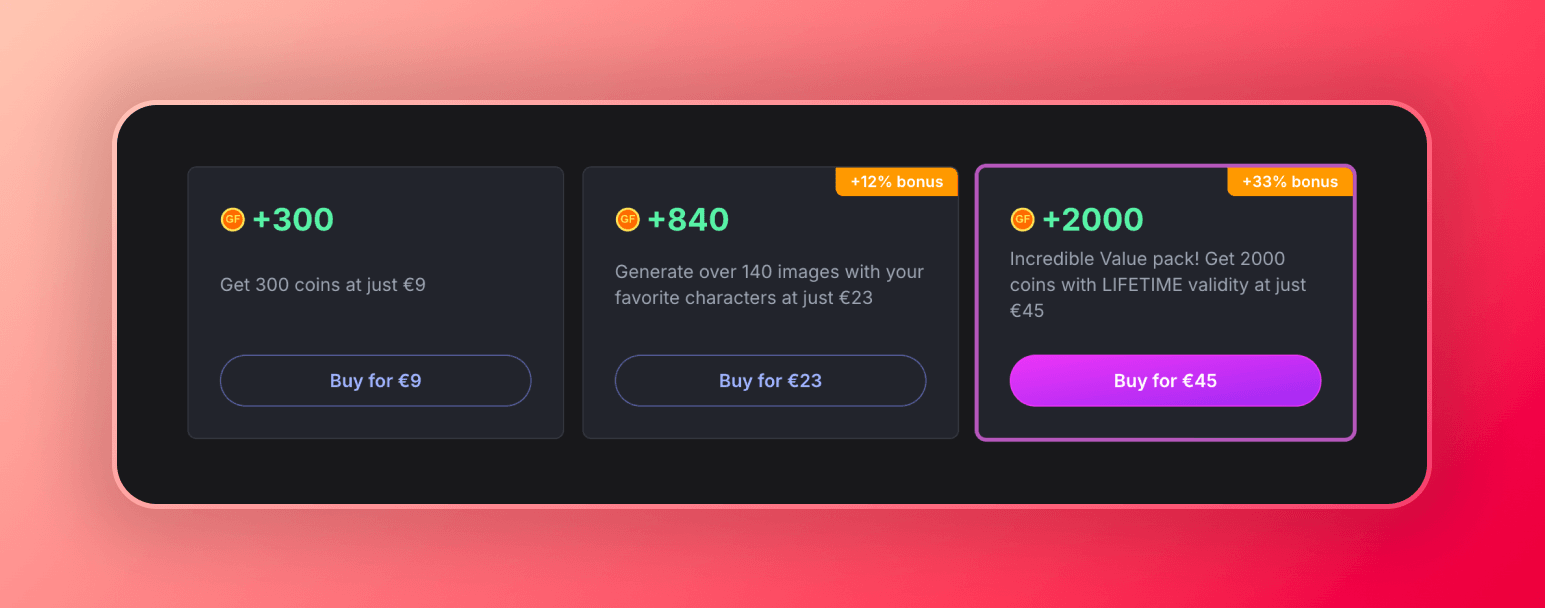 Different coin bundles inside GirlfriendGPT