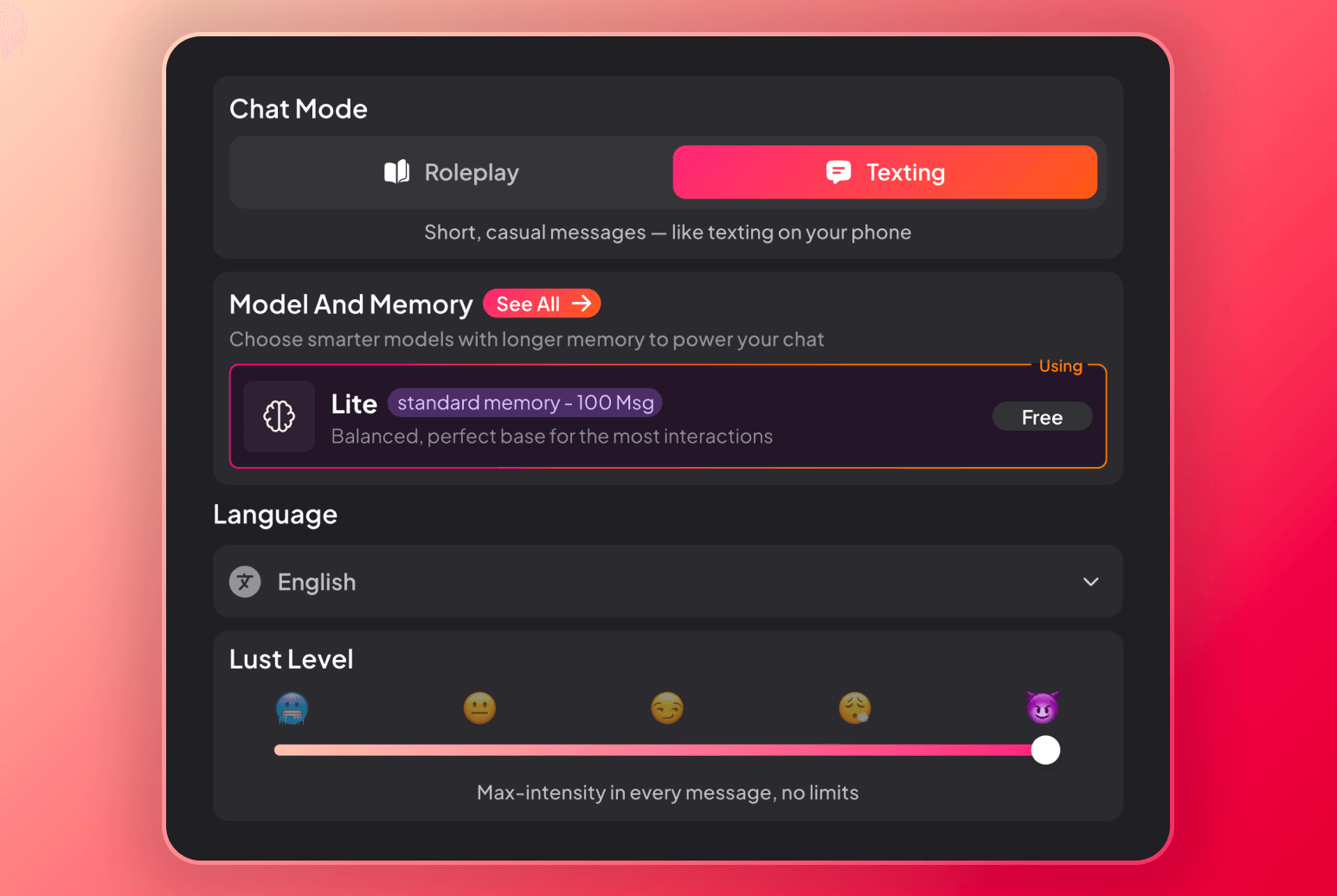Screenshot of the available chat settings you can set inside Dream Companion